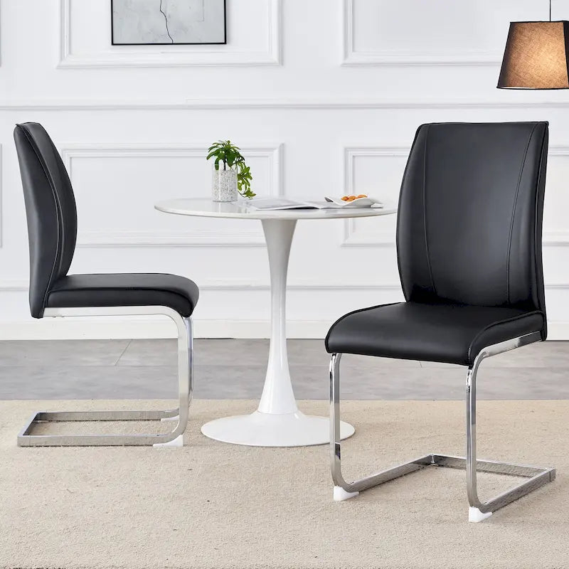 Chaise de salle à manger moderne capitonnée, dossier arqué en cuir PU, pieds cantilever chromés gris