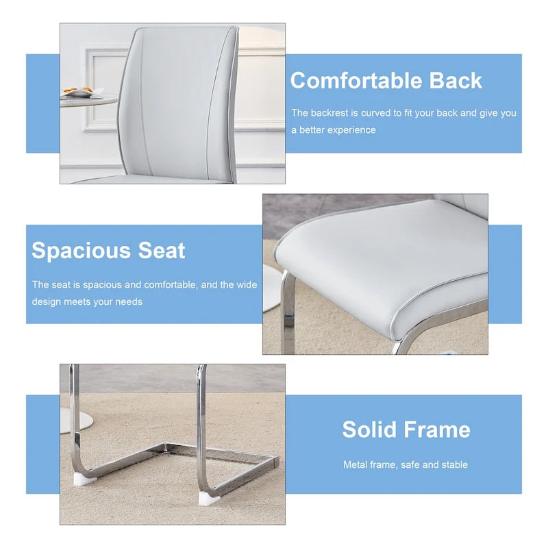 Chaise de salle à manger moderne capitonnée, dossier arqué en cuir PU, pieds cantilever chromés gris