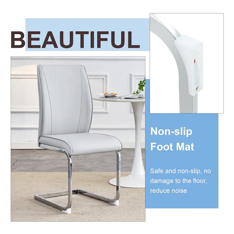 Chaise de salle à manger moderne capitonnée, dossier arqué en cuir PU, pieds cantilever chromés gris