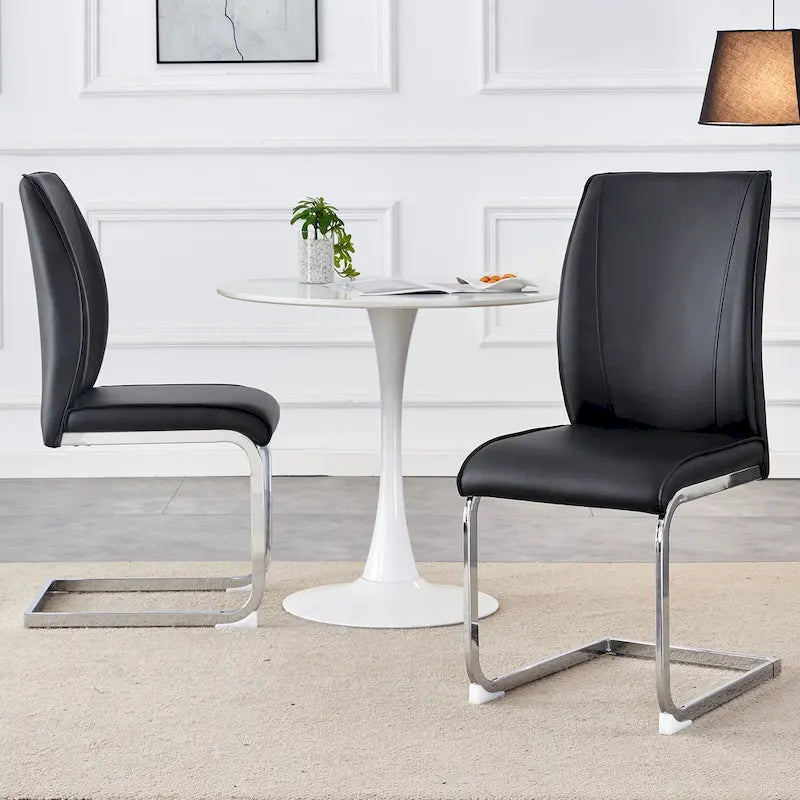 Chaise de salle à manger moderne capitonnée, dossier arqué en cuir PU, pieds cantilever chromés gris