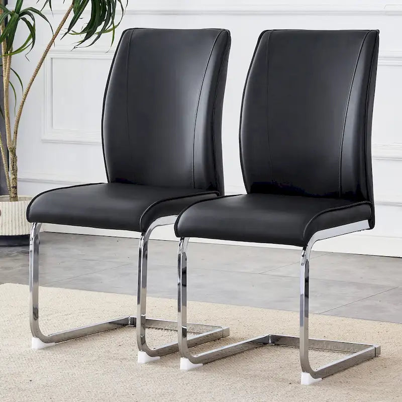 Chaise de salle à manger moderne capitonnée, dossier arqué en cuir PU, pieds cantilever chromés gris