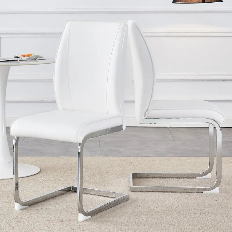 Chaise de salle à manger moderne capitonnée, dossier arqué en cuir PU, pieds cantilever chromés gris