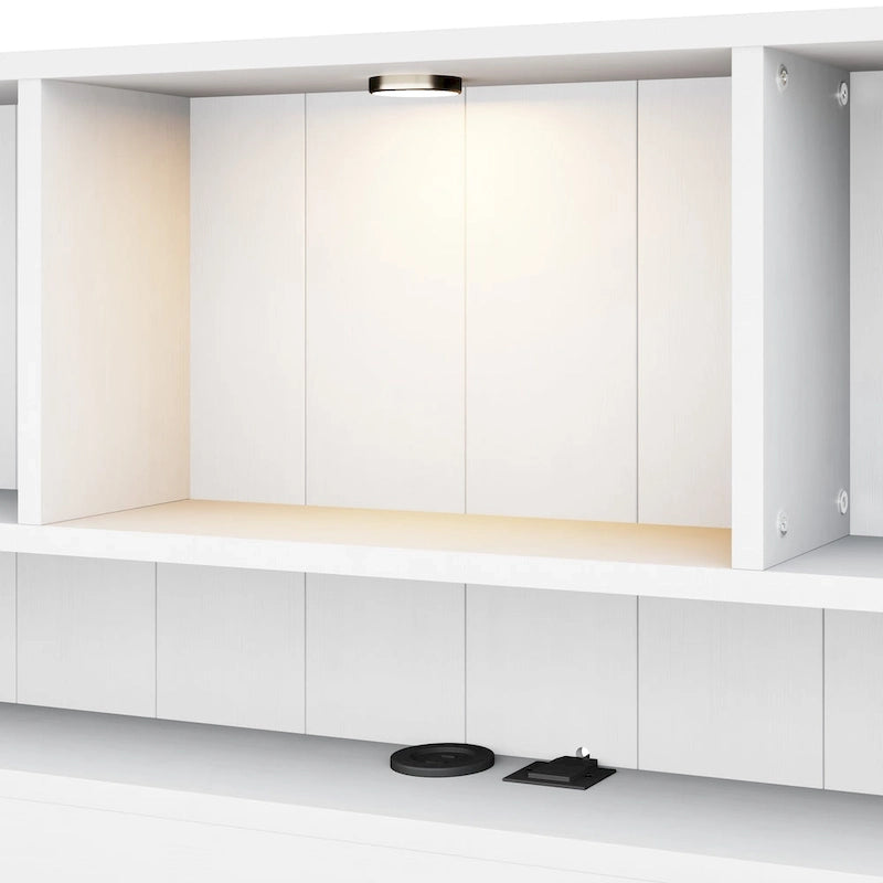 Lit plateforme avec tête de lit bibliothèque, tiroirs, veilleuse et ports de recharge, blanc/expresso