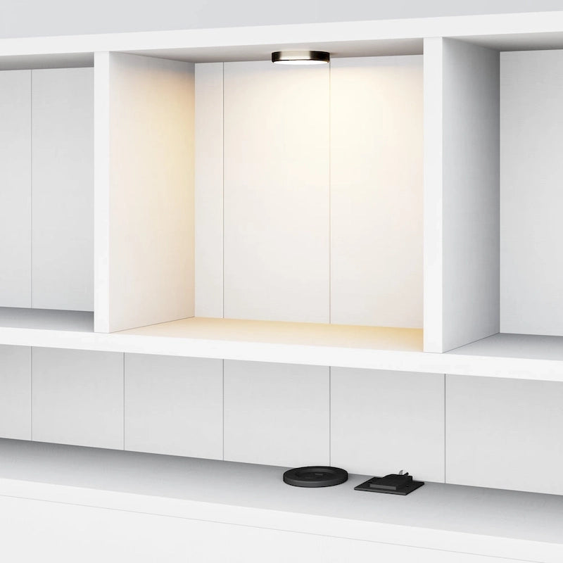 Lit plateforme avec tête de lit bibliothèque, tiroirs, veilleuse et ports de recharge, blanc/expresso