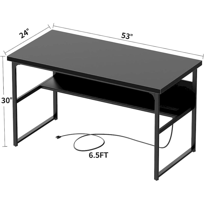 Grand bureau à plateau en bois avec prises de courant, structure métallique, étagère inférieure, noir, gris rustique