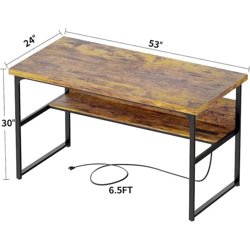Grand bureau à plateau en bois avec prises de courant, structure métallique, étagère inférieure, noir, gris rustique
