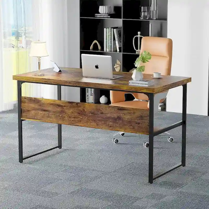 Grand bureau à plateau en bois avec prises de courant, structure métallique, étagère inférieure, noir, gris rustique