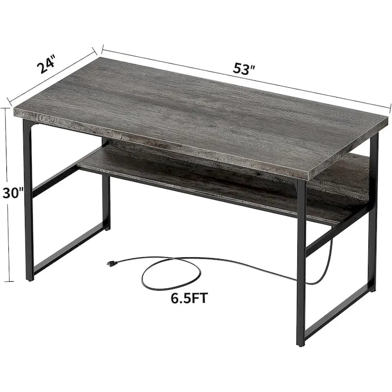 Grand bureau à plateau en bois avec prises de courant, structure métallique, étagère inférieure, noir, gris rustique