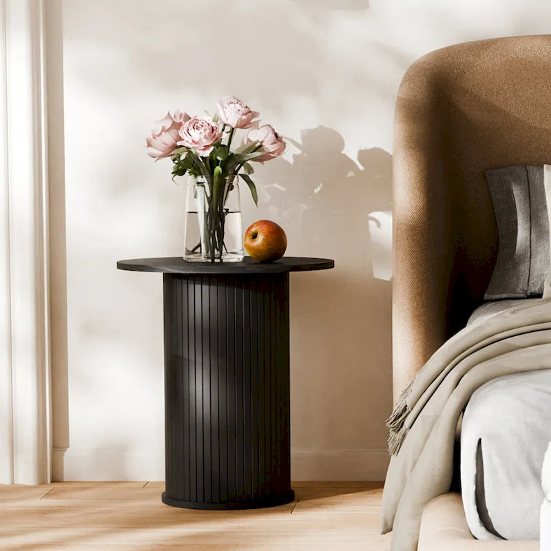 Table d'appoint avec base cylindrique cannelée, finition grain de bois, noire ou marron