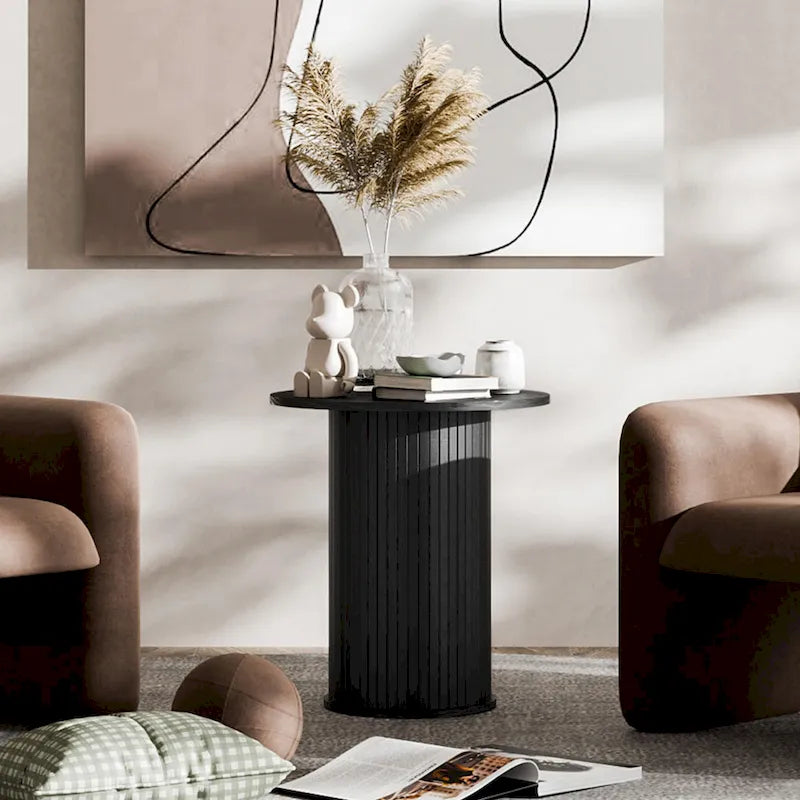 Table d'appoint avec base cylindrique cannelée, finition grain de bois, noire ou marron