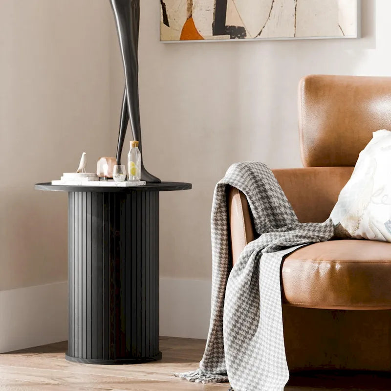 Table d'appoint avec base cylindrique cannelée, finition grain de bois, noire ou marron