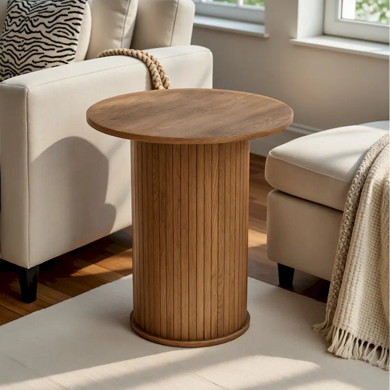 Table d'appoint avec base cylindrique cannelée, finition grain de bois, noire ou marron