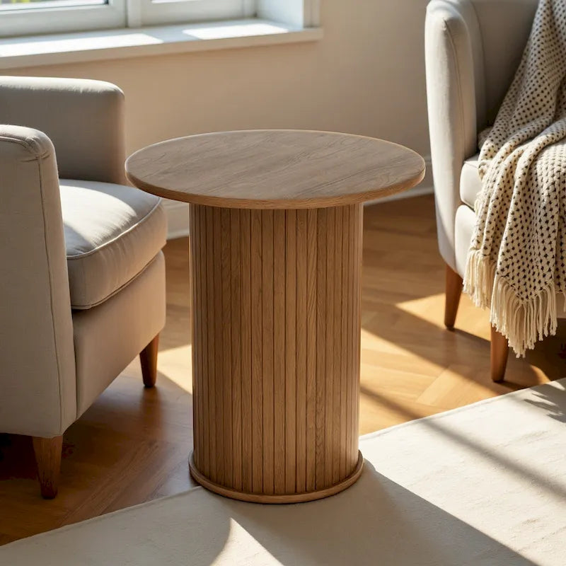 Table d'appoint avec base cylindrique cannelée, finition grain de bois, noire ou marron