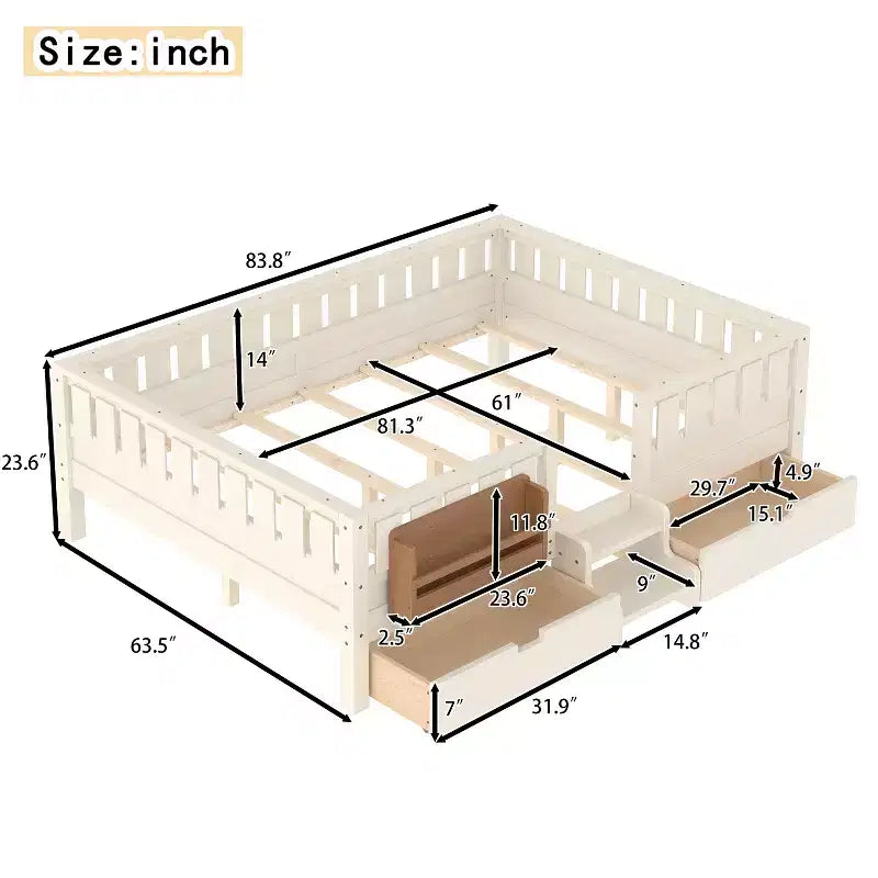 Lit pour tout-petits Bellemave Queen Size avec 14 barrières de sécurité, cadre de lit peu encombrant avec étagères intégrées et 2 tiroirs de rangement sous le lit