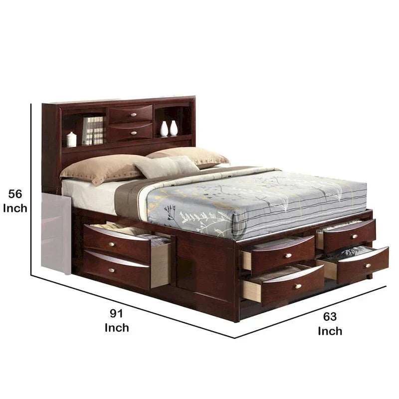 Lit Queen Size à panneaux avec bibliothèque et tiroirs, brun