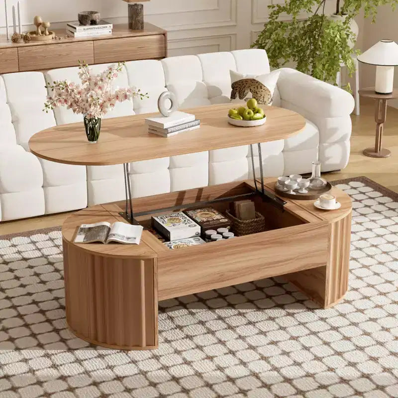 Table basse relevable de 120 cm, table centrale ovale en bois avec rangement caché, table basse moderne pour salon, chambre, bureau