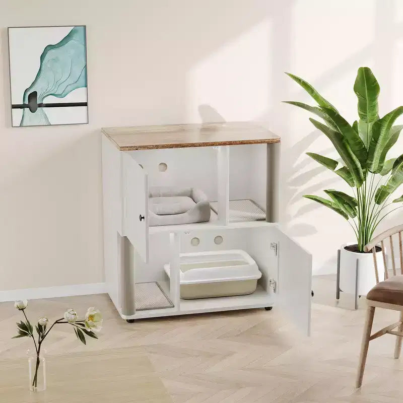 Meuble cache-litière double avec poteaux à griffer et tapis de litière à double couche pour animaux de compagnie d'intérieur