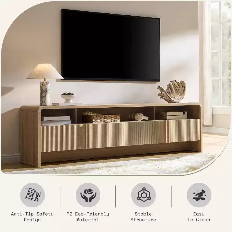 Meuble TV moderne AMERLIFE 70 avec design cannelé et armoires de rangement, pour téléviseurs jusqu'à 80 pouces, meuble TV en bois pour salon