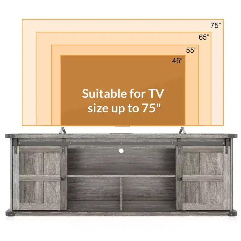 Meuble TV 70 po pour téléviseurs 75 po, centre de divertissement style ferme avec portes coulissantes de grange et armoires de rangement, table console TV média moderne
