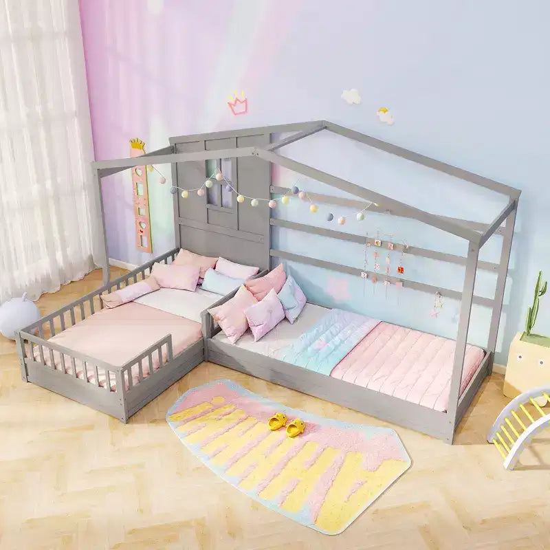 Lits doubles en L pour enfants avec fenêtre et barrières - Gris/Blanc
