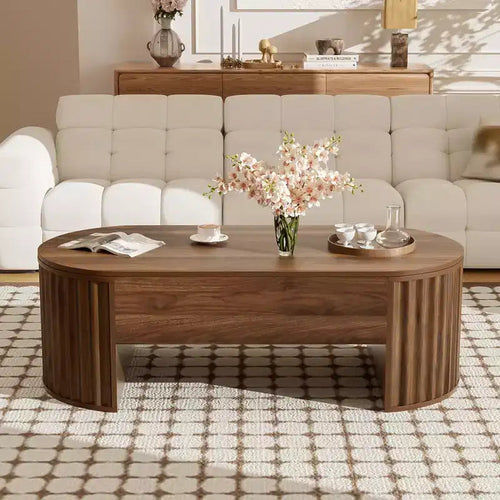 Table basse relevable de 120 cm, table centrale ovale en bois avec rangement caché, table basse moderne pour salon, chambre, bureau