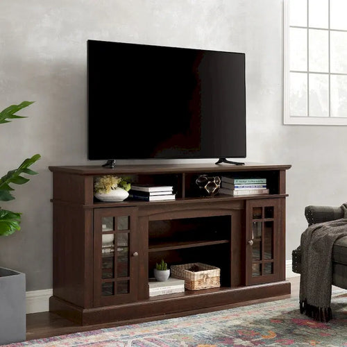 Meuble TV en bois expresso de 58 pouces avec portes en verre et étagères de rangement