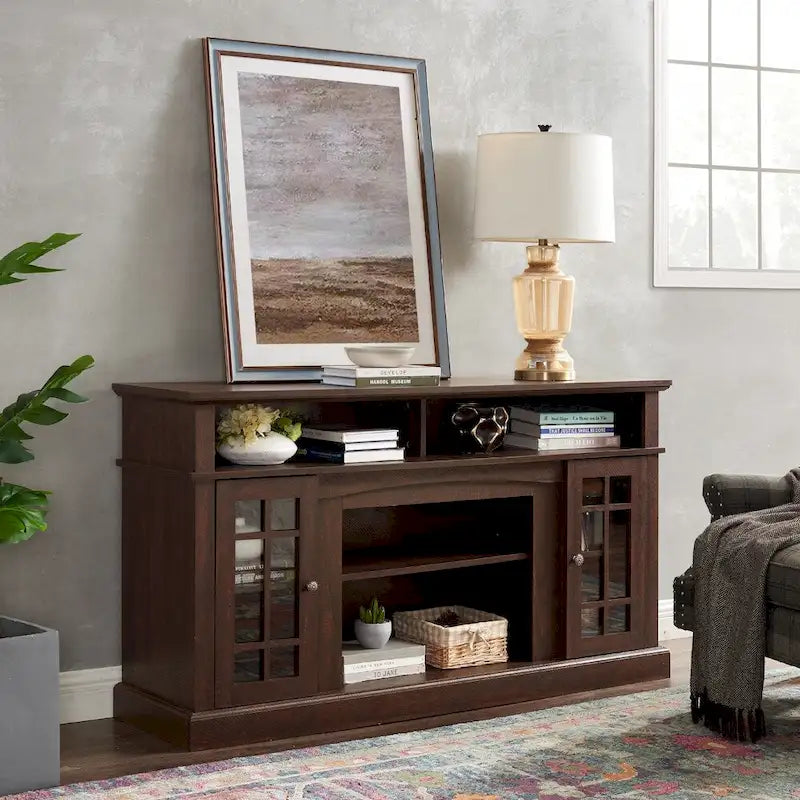 Meuble TV en bois expresso de 58 pouces avec portes en verre et étagères de rangement