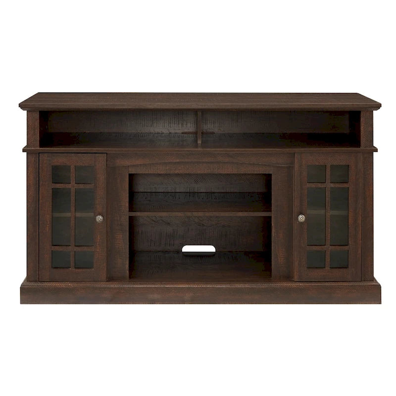 Meuble TV en bois expresso de 58 pouces avec portes en verre et étagères de rangement