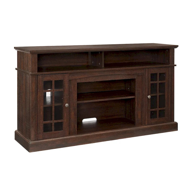 Meuble TV en bois expresso de 58 pouces avec portes en verre et étagères de rangement