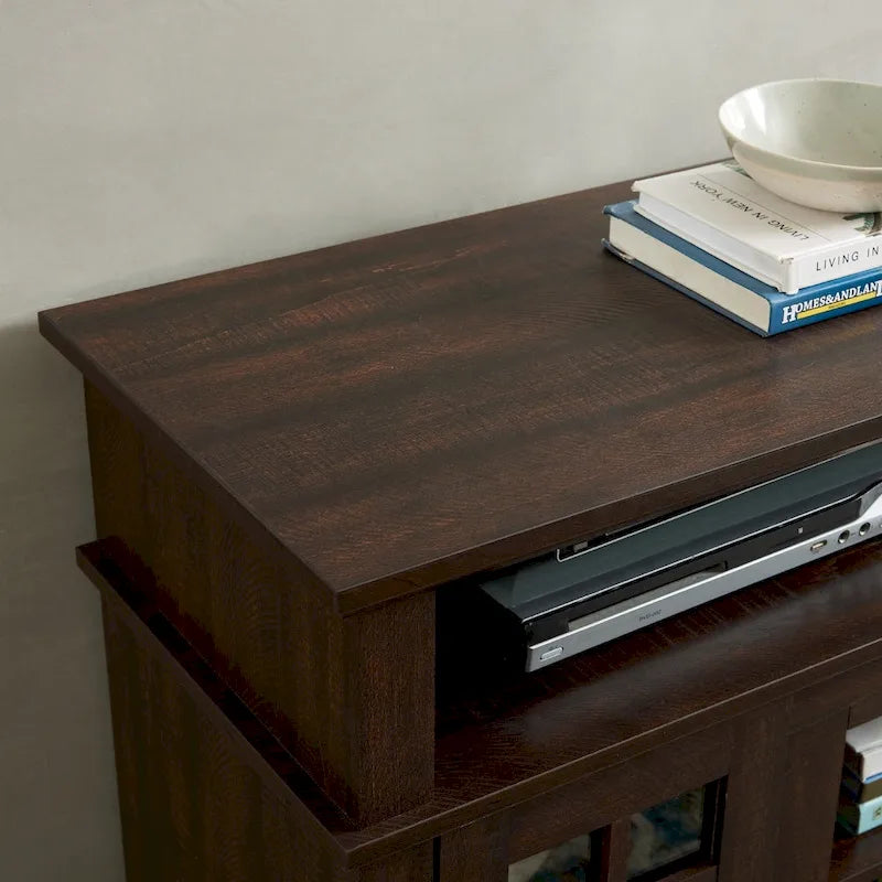Meuble TV en bois expresso de 58 pouces avec portes en verre et étagères de rangement