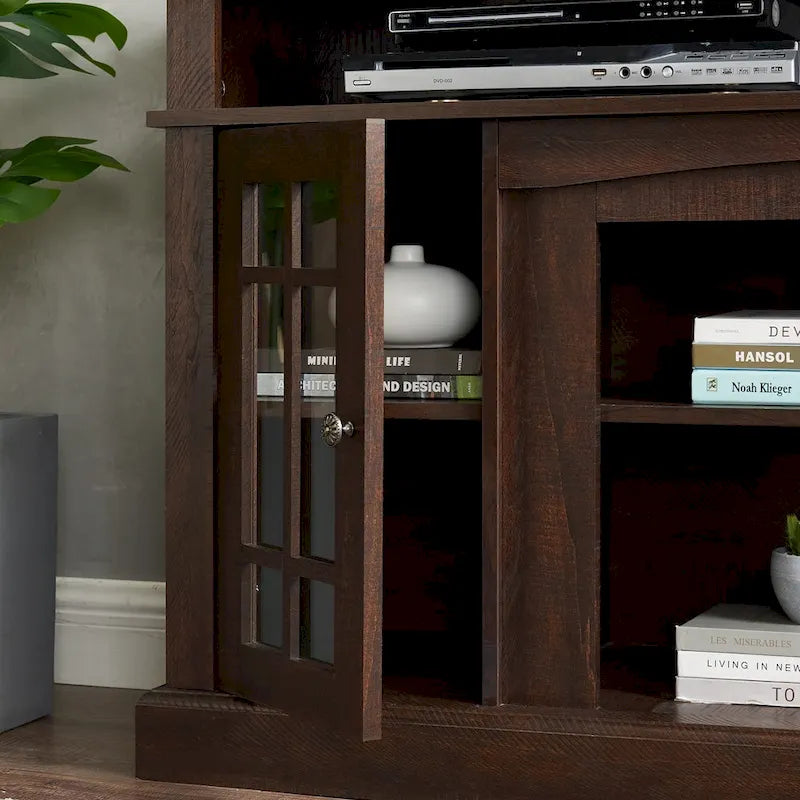 Meuble TV en bois expresso de 58 pouces avec portes en verre et étagères de rangement