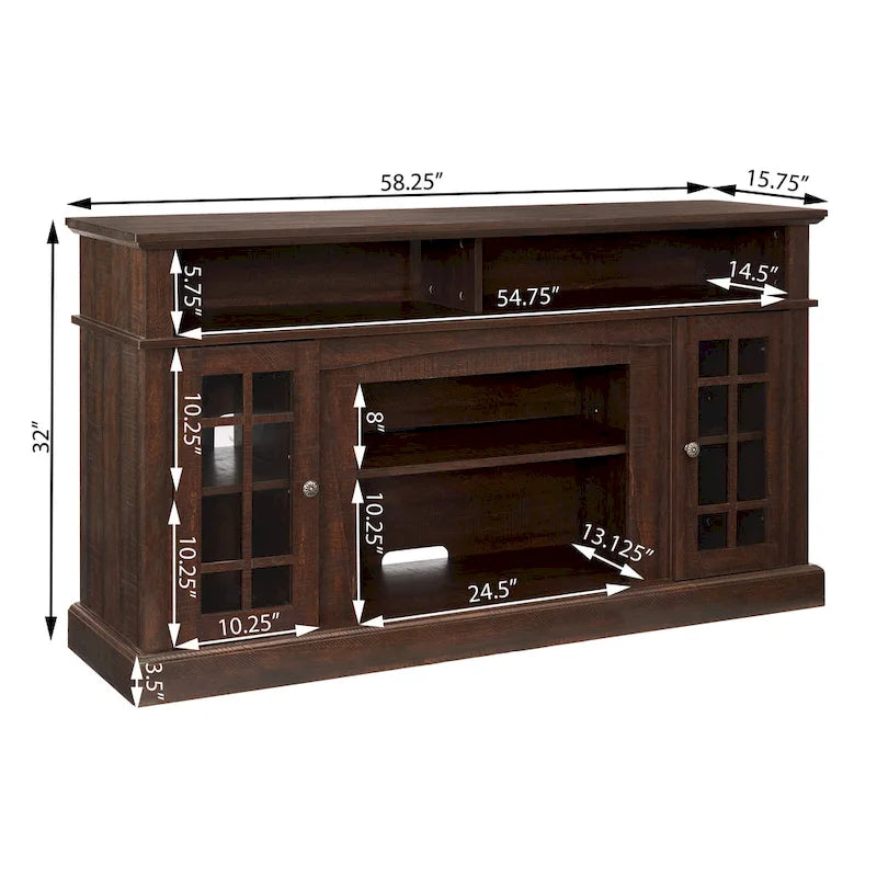 Meuble TV en bois expresso de 58 pouces avec portes en verre et étagères de rangement