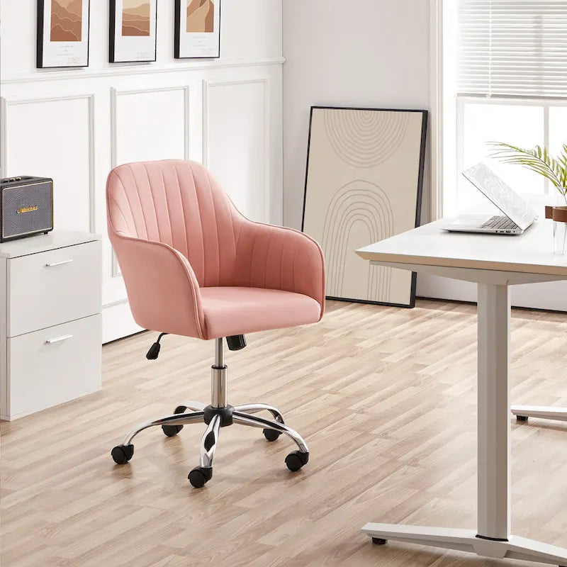 Fauteuil de bureau pivotant en velours avec accoudoirs, réglable en hauteur, rose