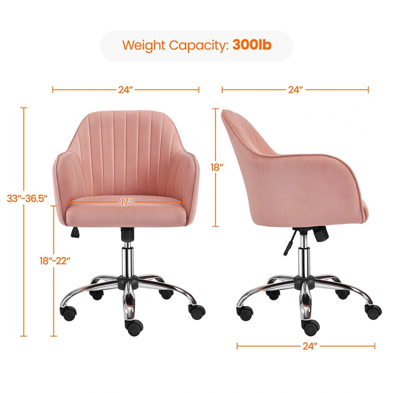 Fauteuil de bureau pivotant en velours avec accoudoirs, réglable en hauteur, rose