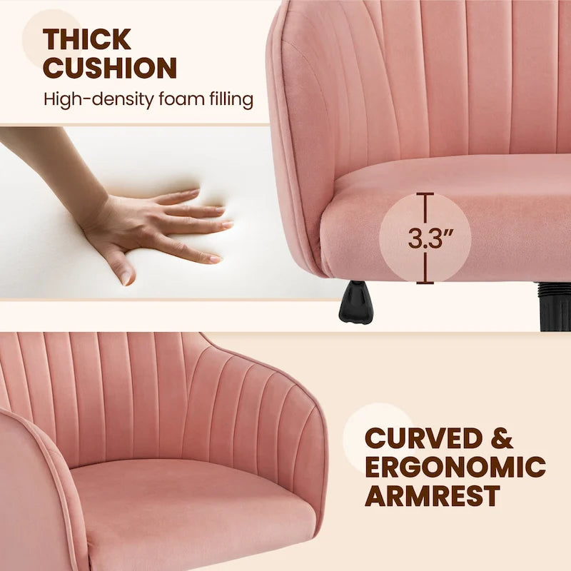Fauteuil de bureau pivotant en velours avec accoudoirs, réglable en hauteur, rose