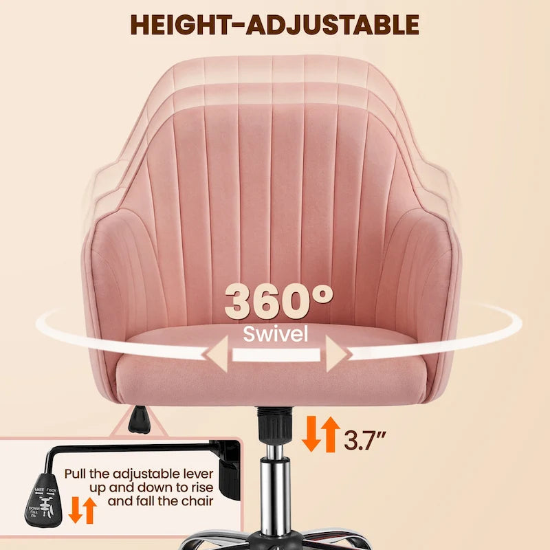 Fauteuil de bureau pivotant en velours avec accoudoirs, réglable en hauteur, rose
