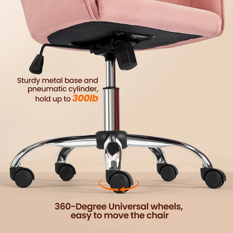 Fauteuil de bureau pivotant en velours avec accoudoirs, réglable en hauteur, rose