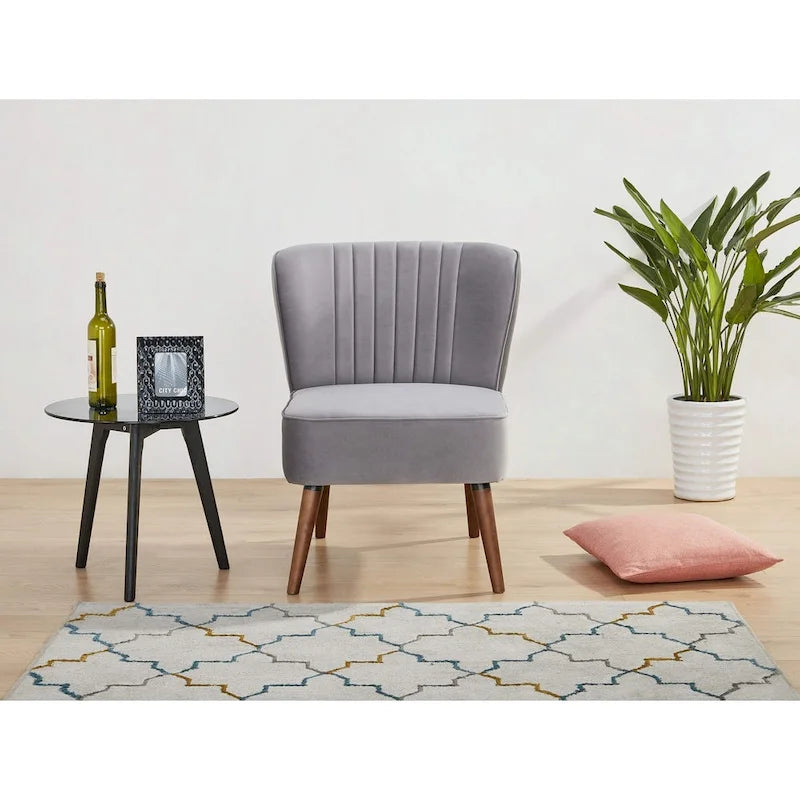 Fauteuil d'appoint sans accoudoirs en velours avec pieds en bois massif