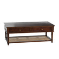 Table basse rectangulaire en bois massif avec deux tiroirs et étagère en cannage, Châtaignier foncé