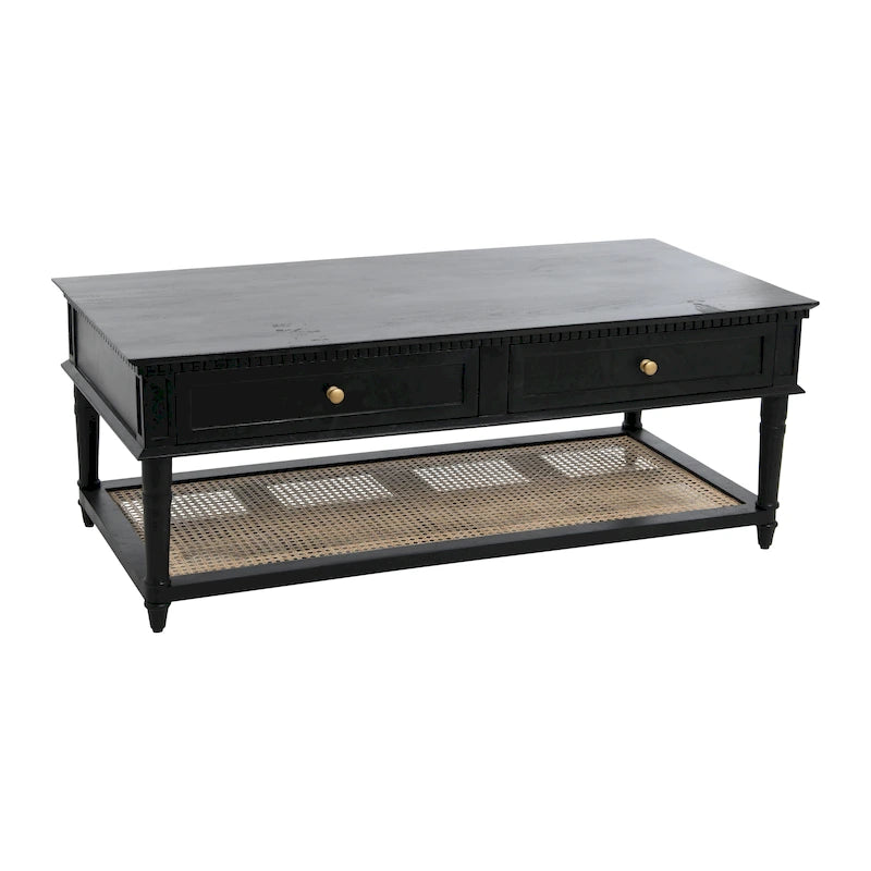 Table basse rectangulaire en bois massif avec deux tiroirs et étagère en cannage, Châtaignier foncé