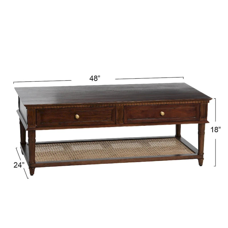 Table basse rectangulaire en bois massif avec deux tiroirs et étagère en cannage, Châtaignier foncé