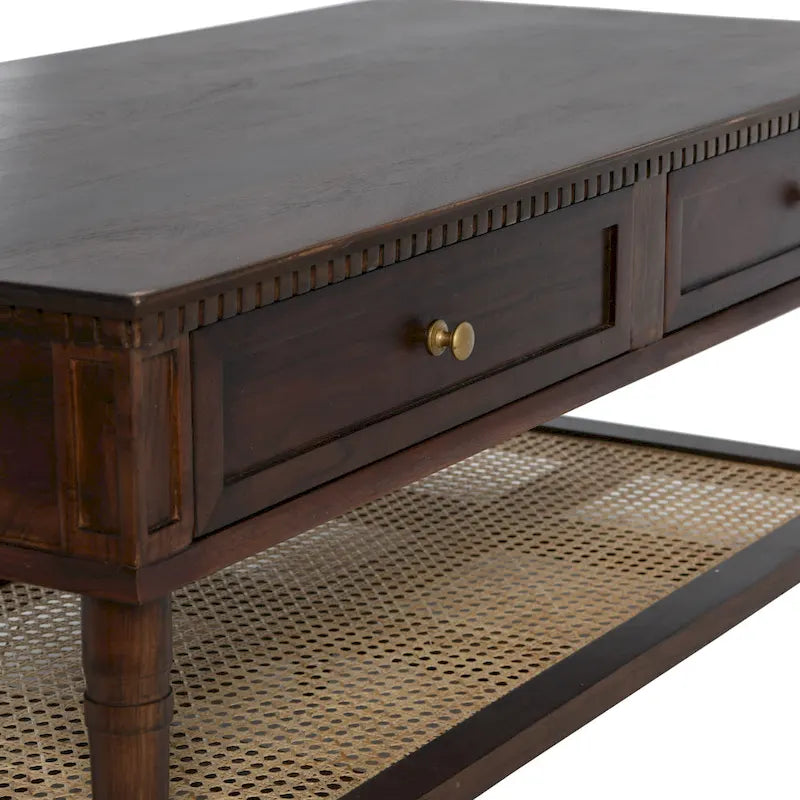 Table basse rectangulaire en bois massif avec deux tiroirs et étagère en cannage, Châtaignier foncé