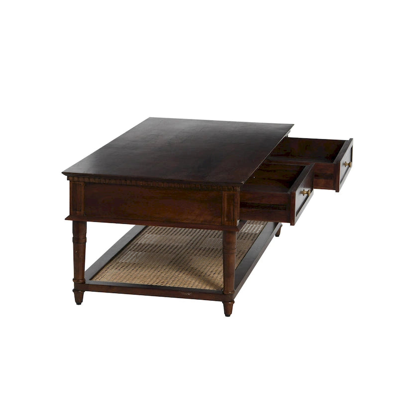 Table basse rectangulaire en bois massif avec deux tiroirs et étagère en cannage, Châtaignier foncé