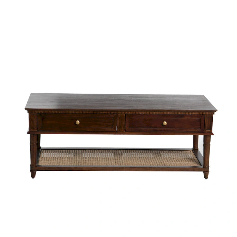 Table basse rectangulaire en bois massif avec deux tiroirs et étagère en cannage, Châtaignier foncé