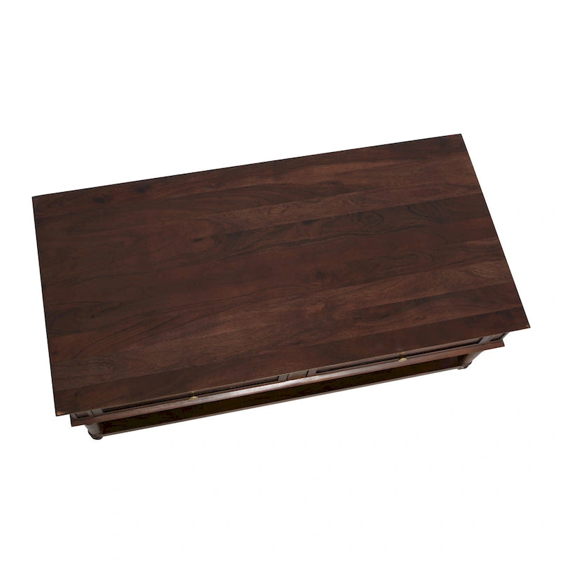 Table basse rectangulaire en bois massif avec deux tiroirs et étagère en cannage, Châtaignier foncé