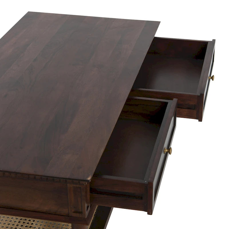 Table basse rectangulaire en bois massif avec deux tiroirs et étagère en cannage, Châtaignier foncé