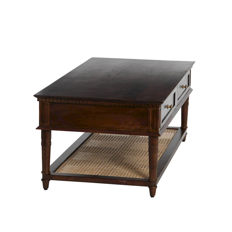 Table basse rectangulaire en bois massif avec deux tiroirs et étagère en cannage, Châtaignier foncé