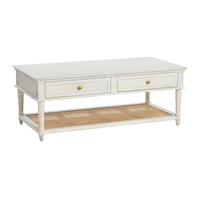 Table basse rectangulaire en bois massif avec deux tiroirs et étagère en cannage, Châtaignier foncé