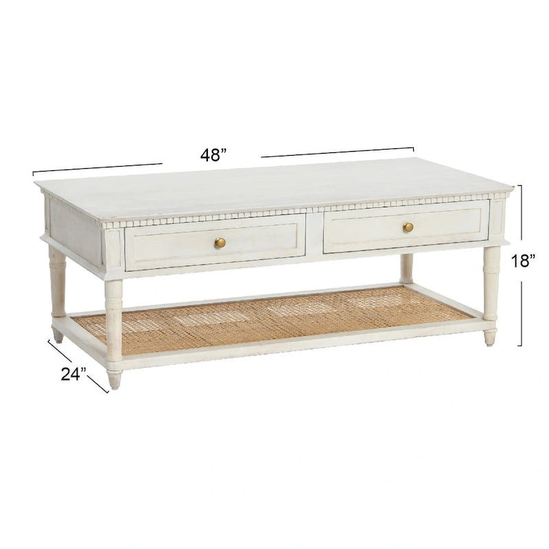 Table basse rectangulaire en bois massif avec deux tiroirs et étagère en cannage, Châtaignier foncé