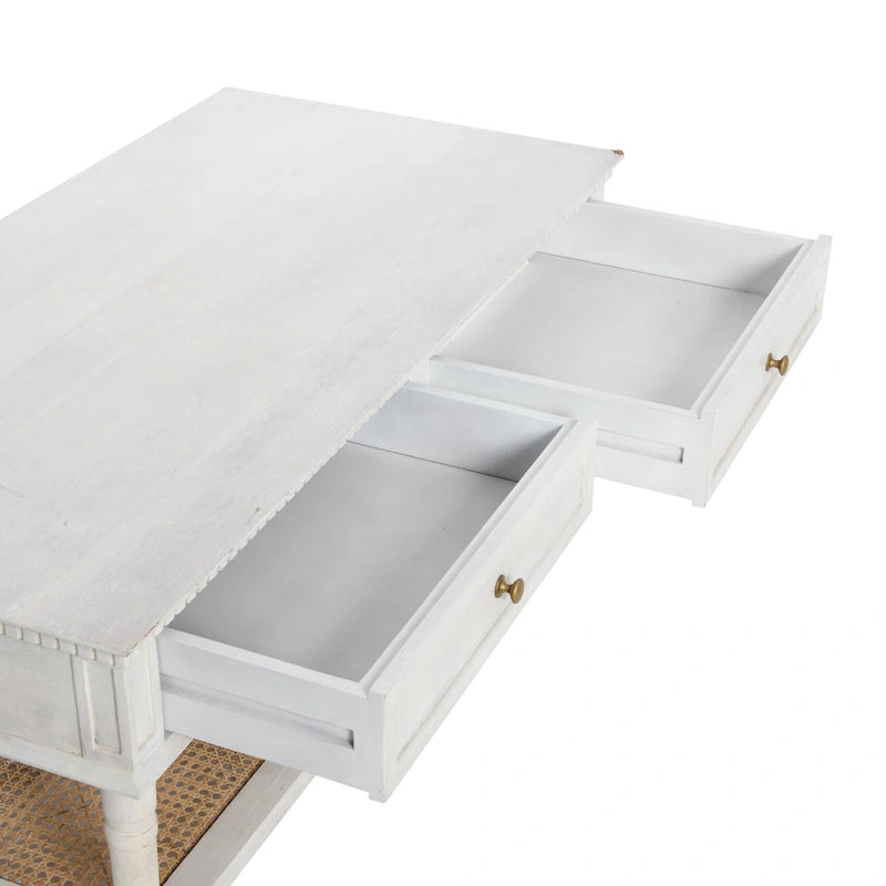 Table basse rectangulaire en bois massif avec deux tiroirs et étagère en cannage, Châtaignier foncé